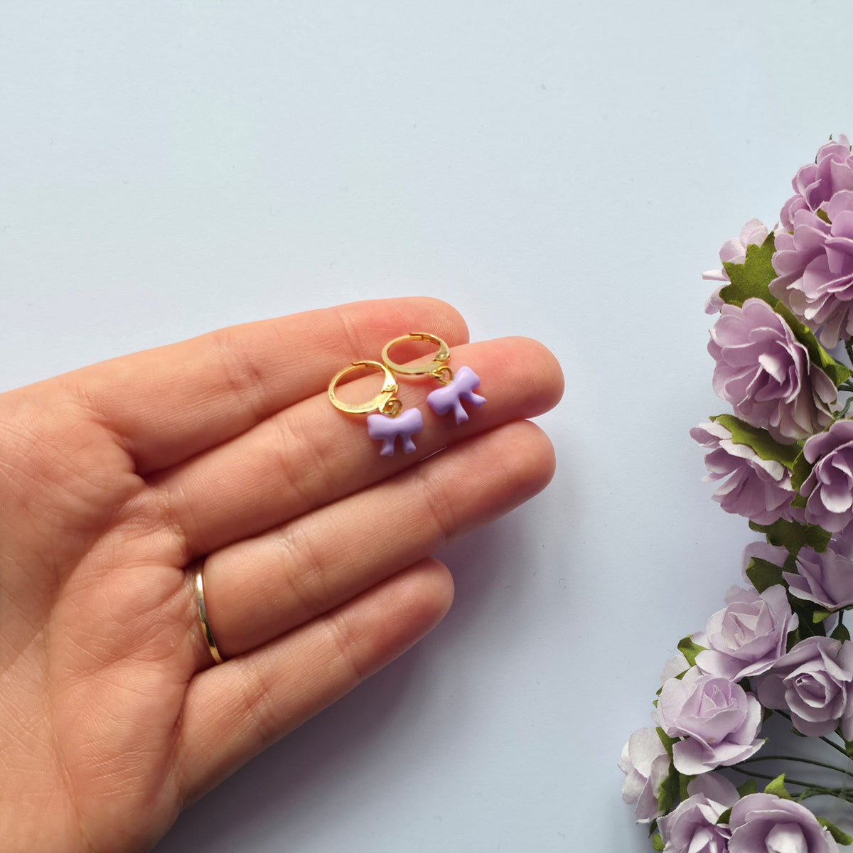 Little Purple Ribbon Huggie Earrings