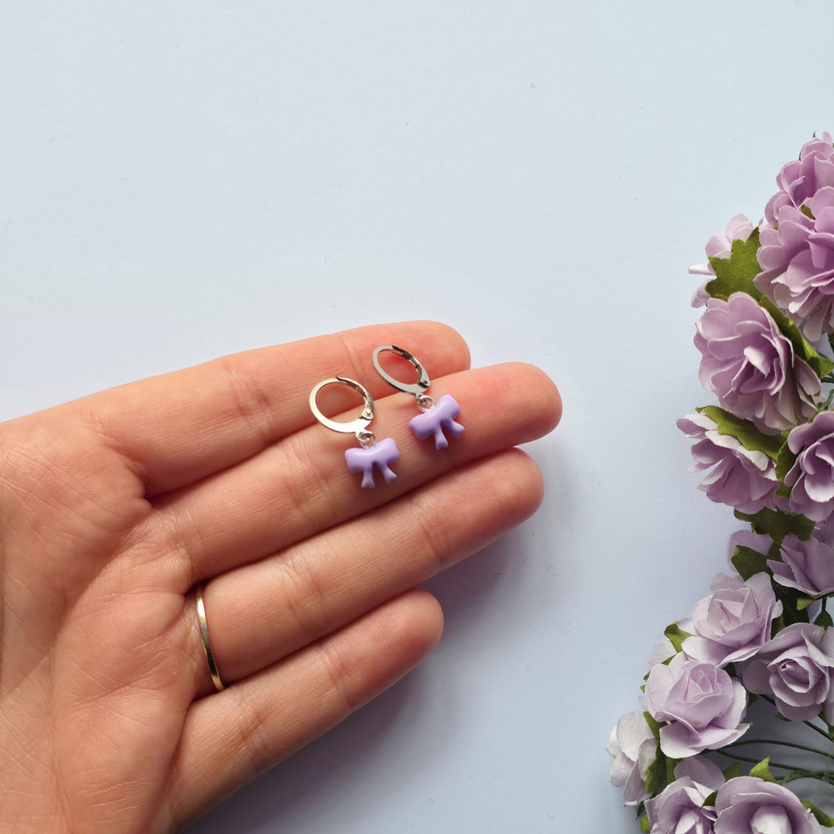 Little Purple Ribbon Huggie Earrings